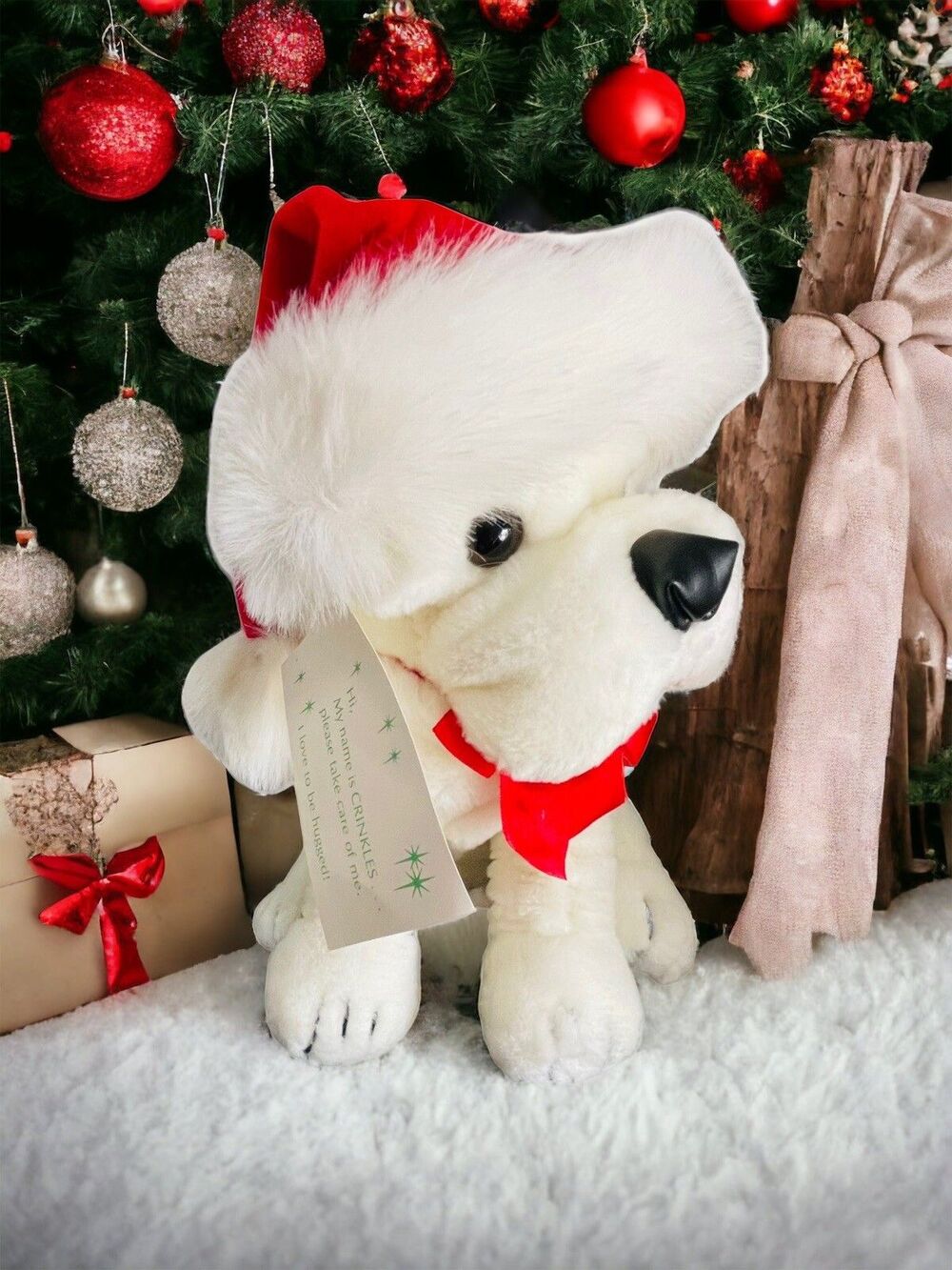 Vtg Crinkles Christmas Dog 12" Plush Santa Hat 1985 Prestige Korea Tag Gift